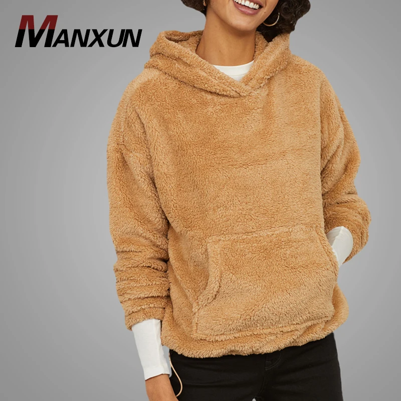 New Trendy Good Quality Women Plain Droped Shoulder Faux Fur Hoodies Sweatshirt Custom Fleece Streetwear Pullover Hooded Tops