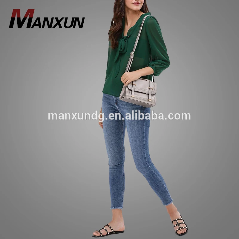 Latest Design Chiffon Long Sleeve Green Tie Knot Neck Girl Shirt Ladies Slim Fit Blouse