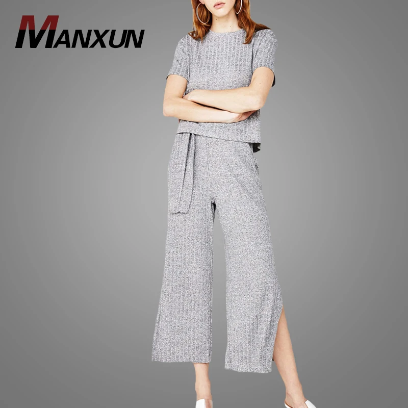 Latest Design Lady Knitted Sweater Suits Hotsale Long Sleeve Pullover Top And Split Side Pants Casual Women Tracksuit