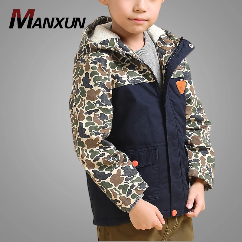 High Quality Boy Winter Thick Woven Jacket Camo and Navy Warm Cotton-padded Jacket for Children