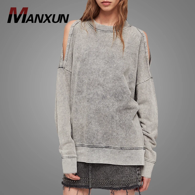 Autumn High Fashion Women Plain Grey Pullover Sweatshirt Fitness Cold Shoulder Hooded Sweatshirt Wholesale