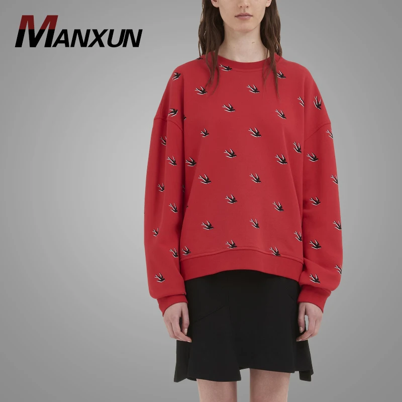 Fashion Custom Slouchy Swallow Print Women Sweatshirt 100% Cotton Crew Neck Sweatshirt Factory Direct Sale