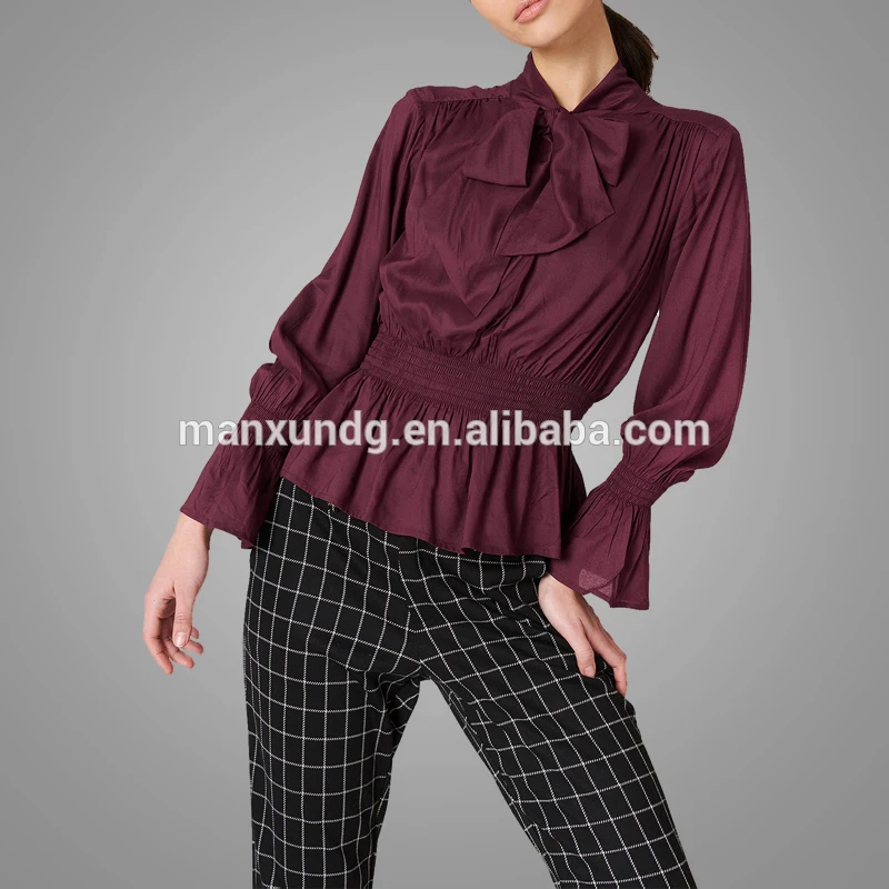 Top Fashion Tie Neck Ruffle Long Sleeve Blouse Chiffon Red Lady Blouse 2019