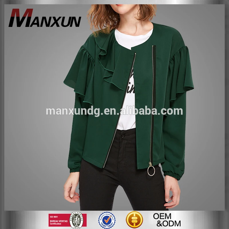 Clothing Manufacturers Trim Zip Up Green Women Coat And Design Own Jacket