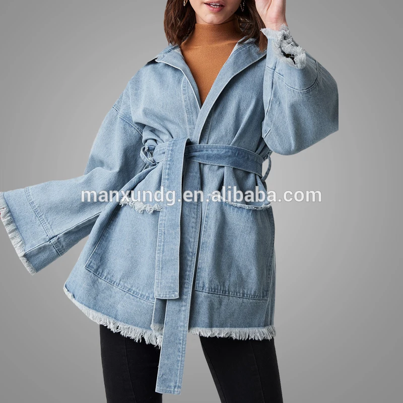Newest Design Fashion Baby Blue Boyfriend Style Denim Jacket Oversized Long Vintage Button Up Raw Hem Jean Jacket Wholesale