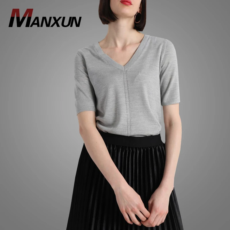 Chinese Supplier Factory Price Women Short Sleeve blouses New Model V Neck Sweater Blouse