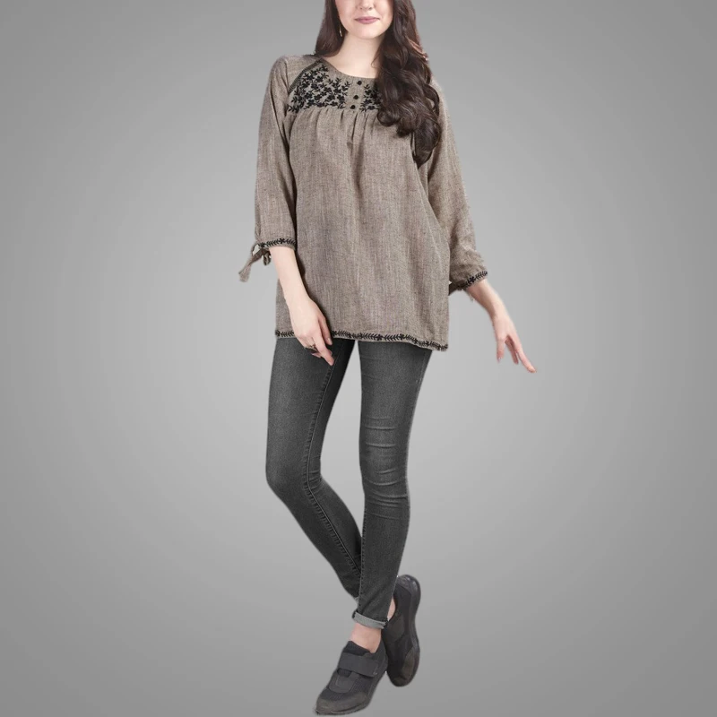 Cotton Linen Oversized Brown Embroidered Tops Women Summer Three-quarter Sleeve Pullover Blouse 2019 3