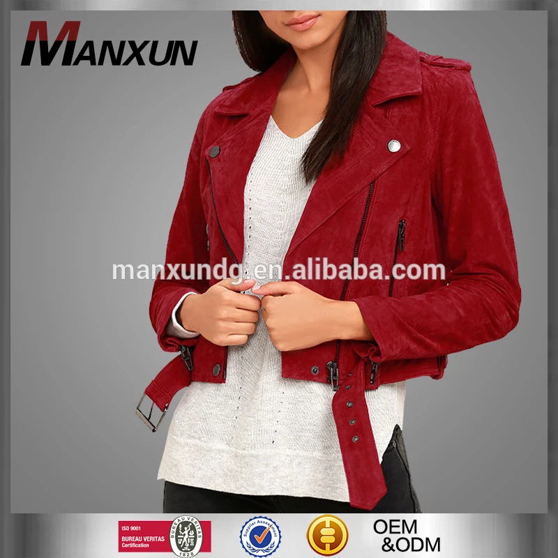2017 Wholesale Women Clothing Short Suede Leather Coat Red Moto Jacket