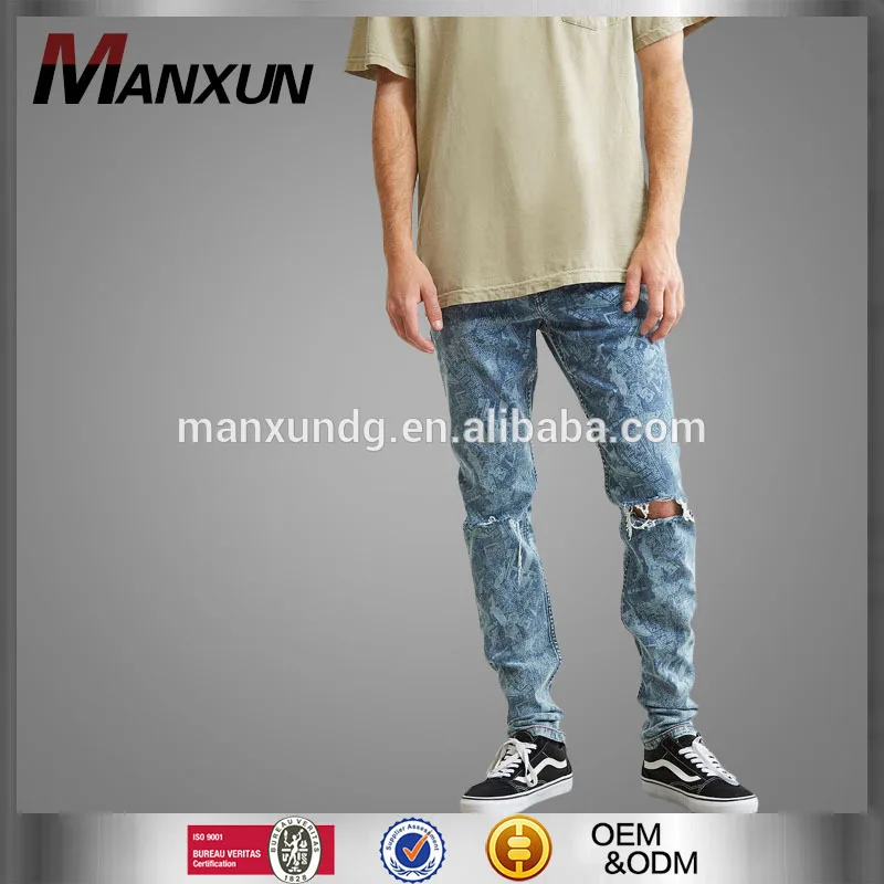 2017 Wholesale Printed Skinny Jeans Stretch Cotton Denim Pants For Men Holes Trousers