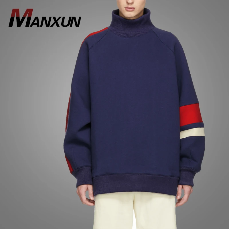 Streetwear Fashion High Neck Men Color Block Sweatshirt Bonded Fleece Navy Bule Striped Sleeve Sweatshirt