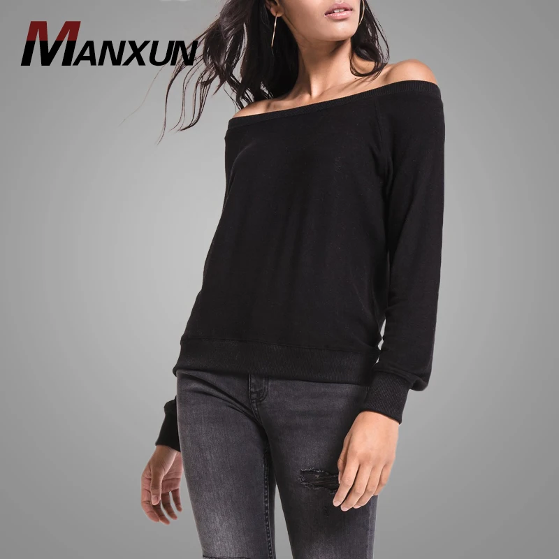 Top Design Solid Color Off Shoulder Sexy Black Sweatshirt for Women Knitted Women Hoodies