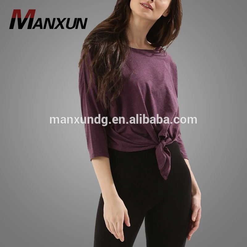 Cheap High Quality Short Sleeve Purple Cotton Ladies T Shirt Front Knot Top Women Crewneck Tshirt