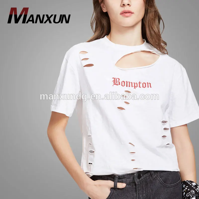 Customized Summer Clothing White Letter Print T-shirt Women Printed Letter Distressed Slub T-shirt