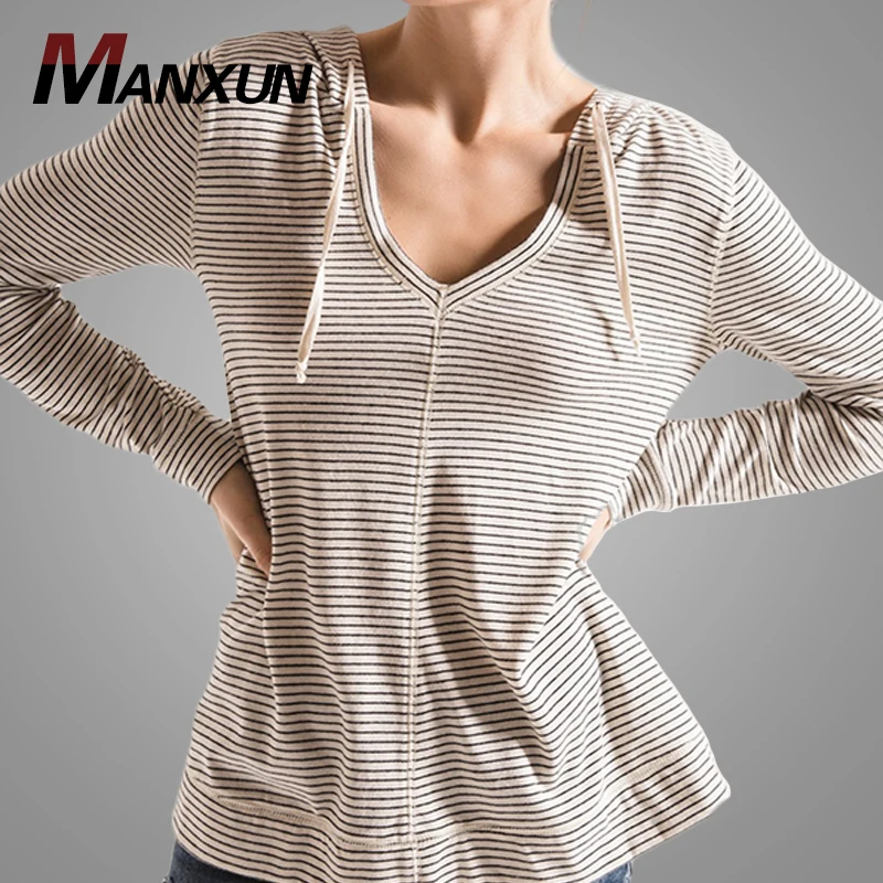 New Arrival Thin Sexy V-neck Stripe Pullover Women Hoodie Oversized Autumn Hoodie Women