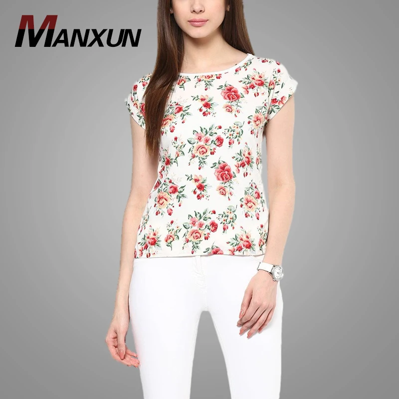 95% Cotton and 5% Spandex Comfort Fashion Womens White T-shirt Print Floral Summer Girls Casual T-shirt