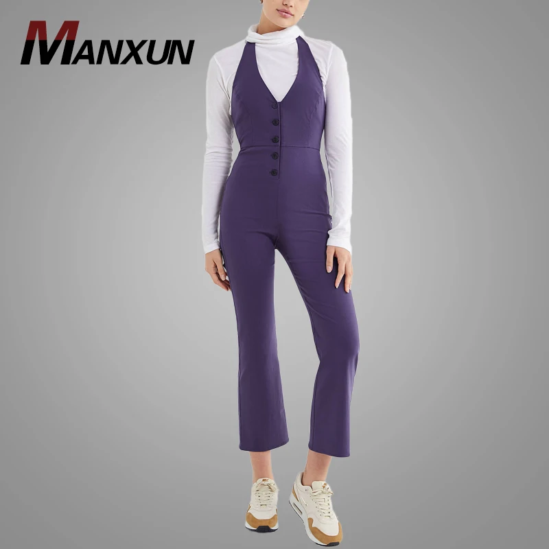 Elegant Button-up Halter Girls Jumpsuit Sleeveless Backless Sexy Party Jumpsuits Women 2018