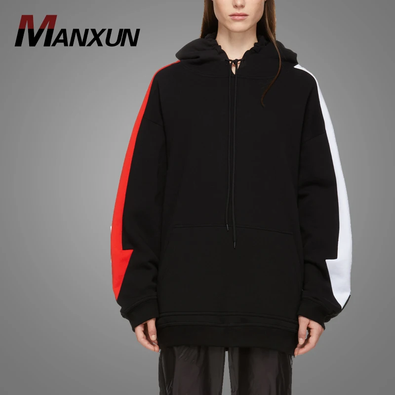 Wholesale Customized French Terry Hoodies Black Striped Sleeve Color block Lady Hoodie