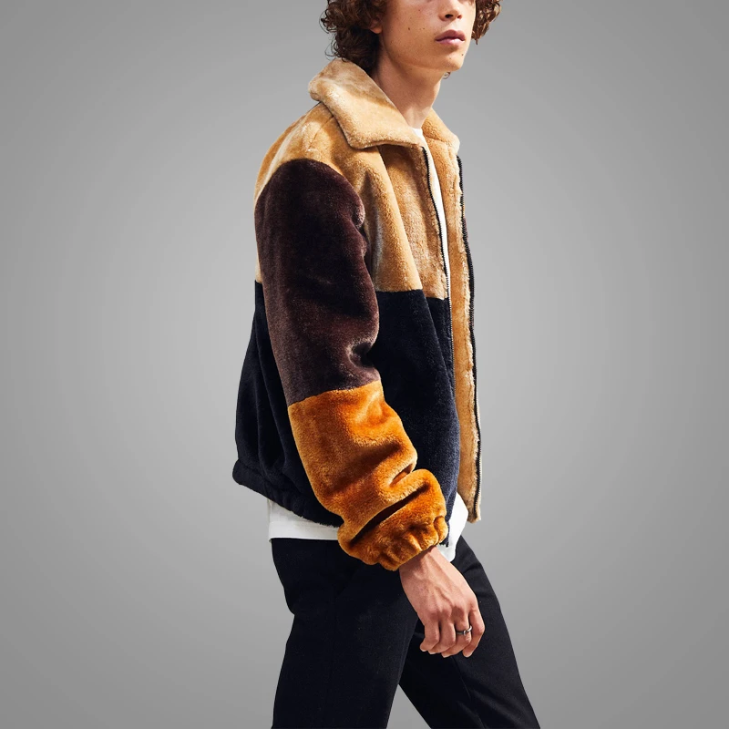 High Quality Color Block Zip-up Fur Men Jacket Coat Plus Size Winter Jackette for Men Apparel 3