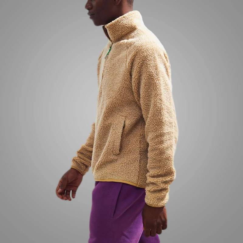Male Winter Faux Fur Warm Sherpa Pullover Jacket Half Zip Stand Collar Raglan Sleeve Mens Hoodie 7