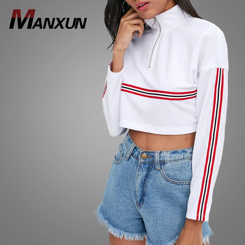 Fashionable Clothes Factory Long Sleeve Women Blouse Beautiful Stripe Style Tops Soft Front Zip Sweatshirt