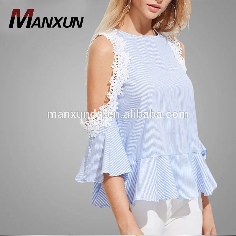 Casual Clothes Vertical Striped Open Shoulder Girl Lace Bell Sleeve Blouse Frill Top