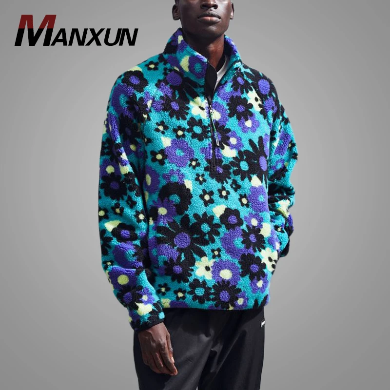 Hot Sale Oversized Sherpa Floral Pullover Jacket Half Zip Stand Collar Thick Winter Mens Hoodie
