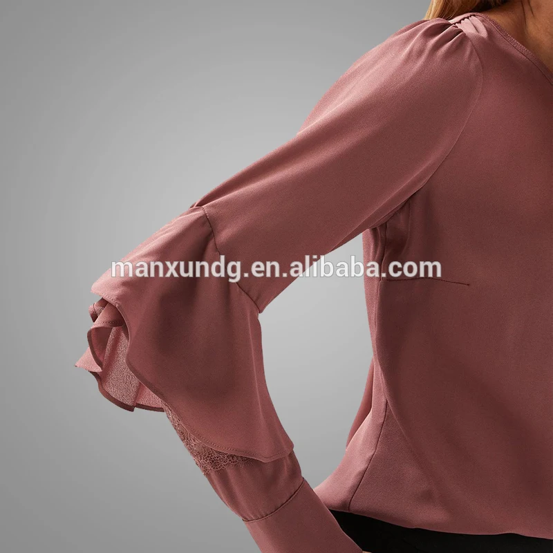 Wholesale Customized Fashion Blank Silky Crepe Blouse Elegant Lace Sleeve Ruffle Chiffon Blouse Tops 2018 3