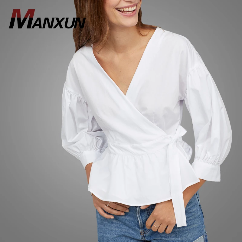 2019 Autumn Fashion Clothing Lantern Sleeve Shirt Blouse Elegant White Wrap V Neck Blouse Tops Wholesale