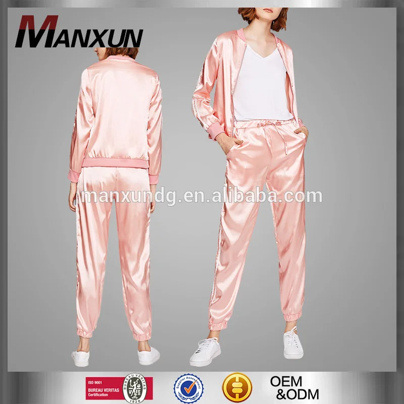 2018 New Arrival Satin Ribbed Trim Tape Side Sweat Suits Women Tracksuit Design Your own Tracksuit Girls Jacket Pants
