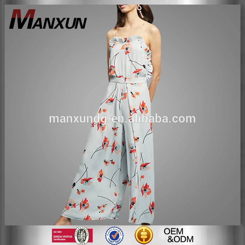 Custom Top Fashion One Piece Floral Printed LadiesJumpsuit Wide-Leg Pants Sexy Ruffle Spaghetti Strap Casual Female Jumpsuit