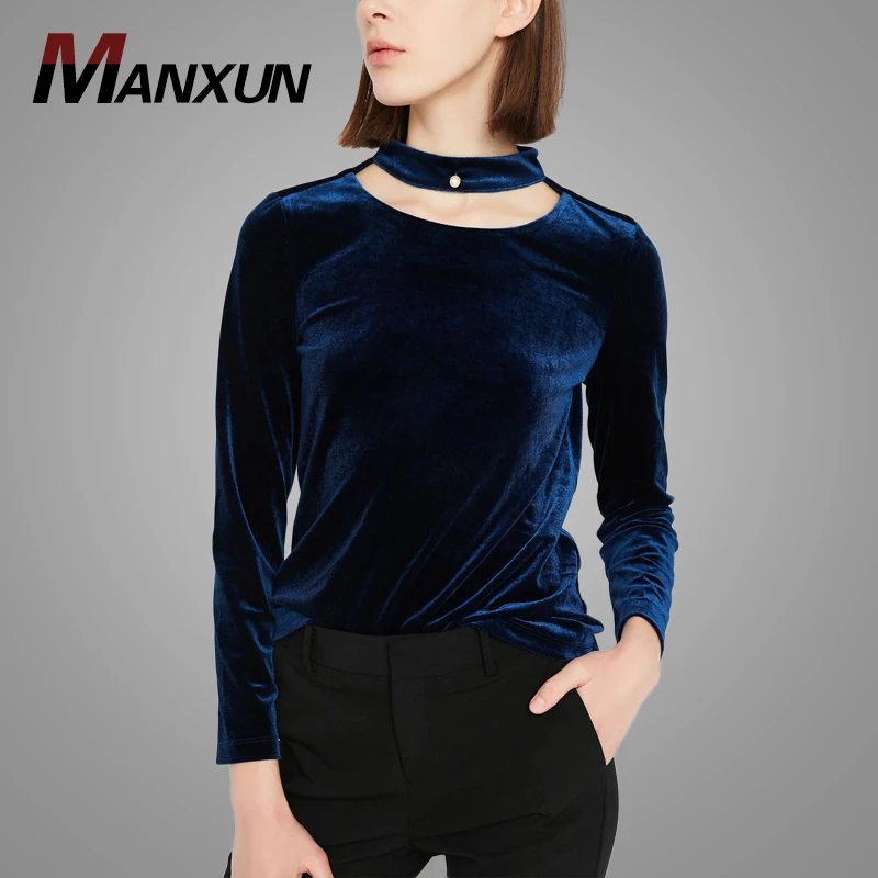 Hot Sell Hollow out Collar Long Sleeve Women Ladies Tops Dark Blue Soft Velvet Blouses Pullover Women