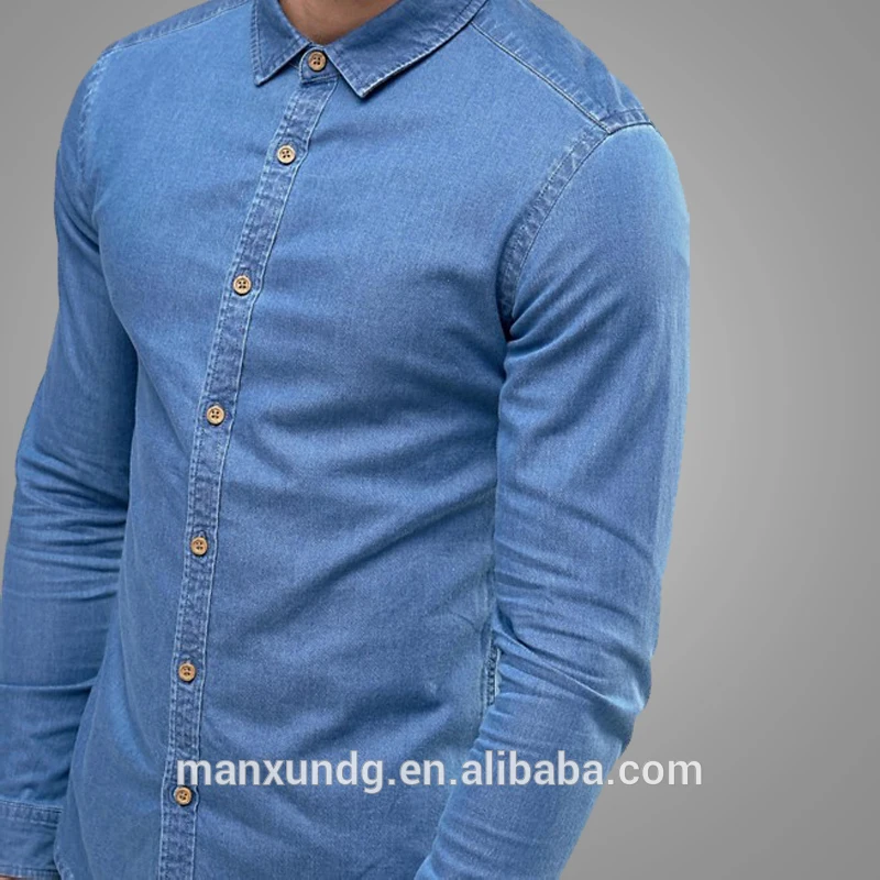 New Arrival Men Long Sleeve Light Blue Shirt Simple Button Front Skinny Denim Shirt 3