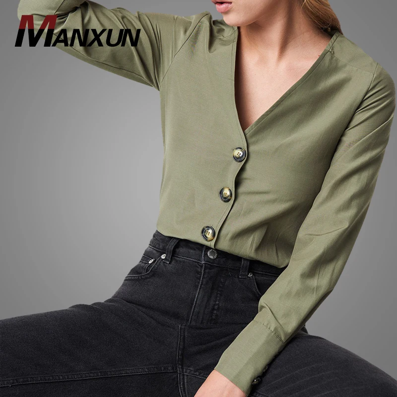 New Listing Fashion Women Casual Solid Color Blouses Custom Made V Neck Button Front Satin Blouse Tops Women