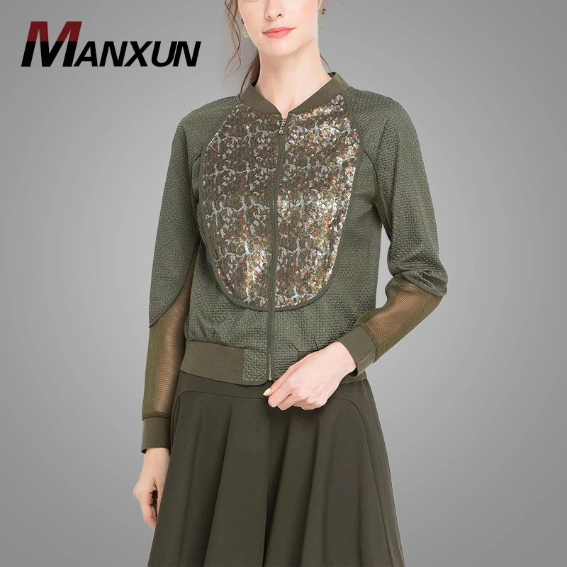 High Quality Fashion Dark Green Faux Leather and Mesh Stitching Backless Hollow Sequins Retro Women Jacket
