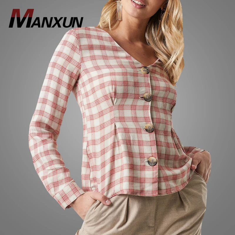 Spring Popular Product Women Long Sleeve Shirt Tops Customize V Neck Plaid Flannel Shirts Blouse Tops