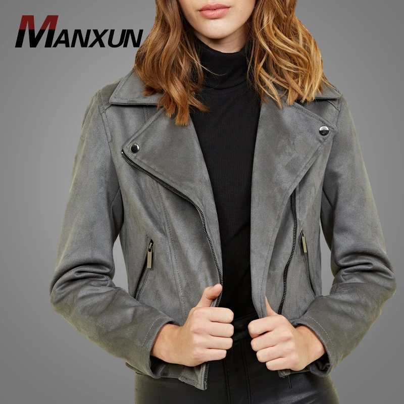 New Model High Fashion Plain Grey Long Sleeve Faux Suede Coat Jacket Wholesale Custom Cool Leather Biker Jacket 2019