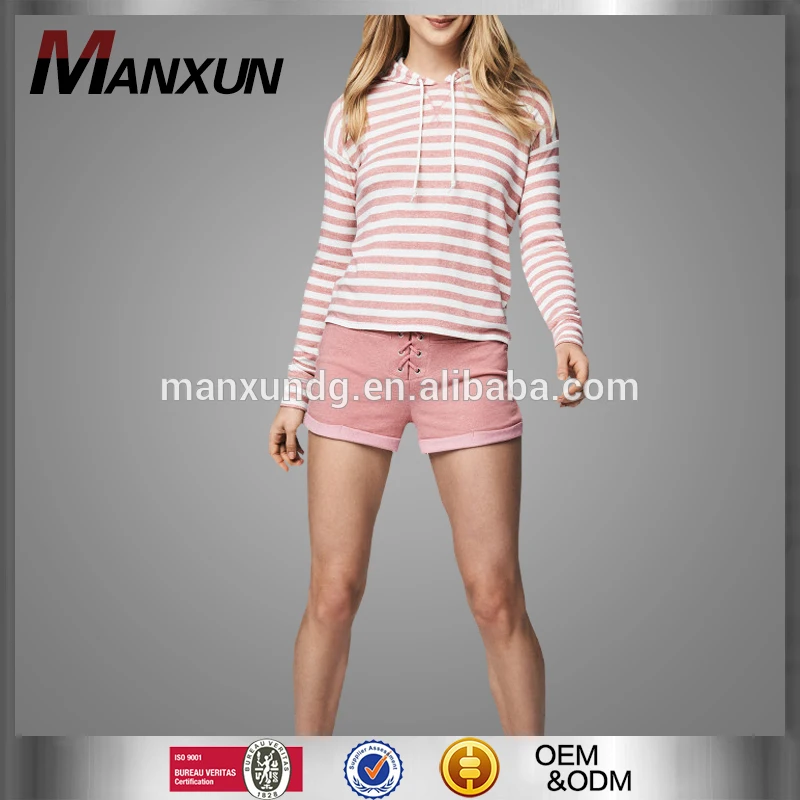 New Style Women Comfortable Two Pieces Of Stripe Pink Printed Hoodies Fitted Sportswear Popover Sweatshirt For female