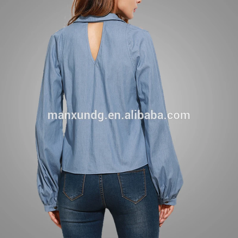 Latest Design Zipper Blouse Light Blue Denim Drop The Shoulder Long Sleeve Blouse Ladies Tops 2018 9