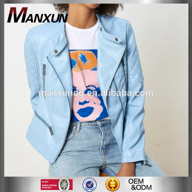 Wholesale Ladies Short Coat Design Girls Coats Light Blue Leather Jacket