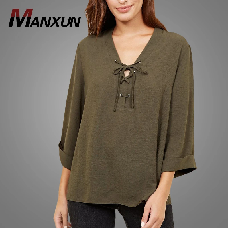 New Design Khaki Lace Up Blouse Casual Slim Fit Lady Half Sleeve Blouse Tops