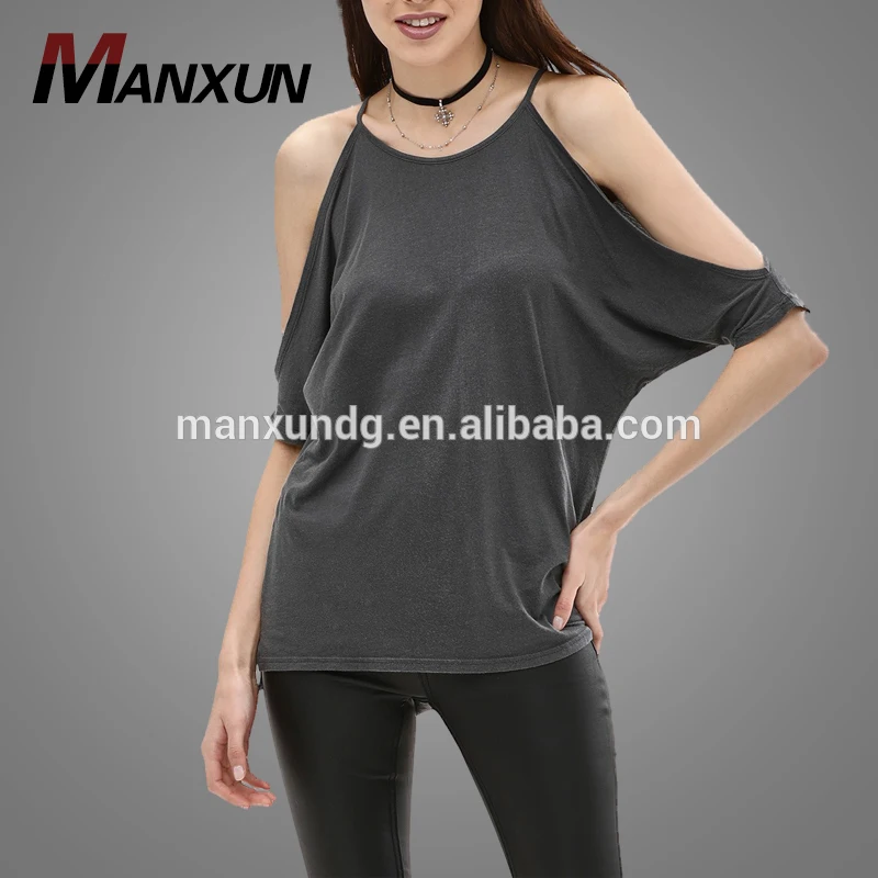 High Quality Short Sleeve Ladies Tshirt Cold Shoulder Rounded Hem T Shirt For Women 2018