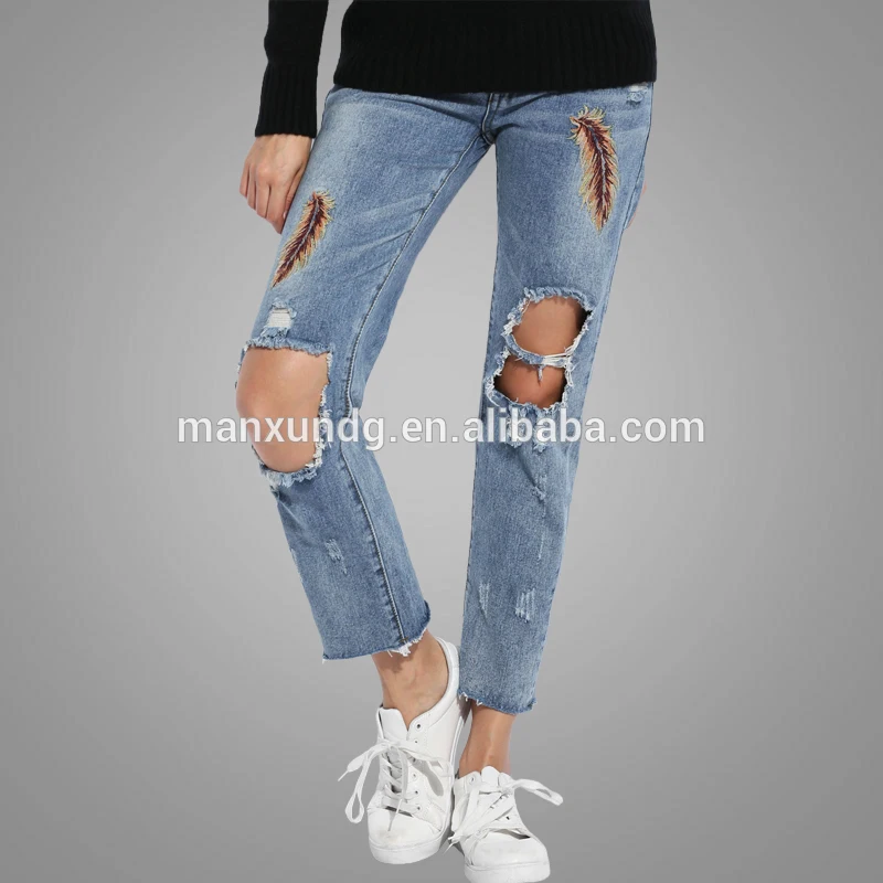 Wholesale Feather Embroidery Pants Tailored High-waisted Ninth Jeans Holes Women Pencil Jeans