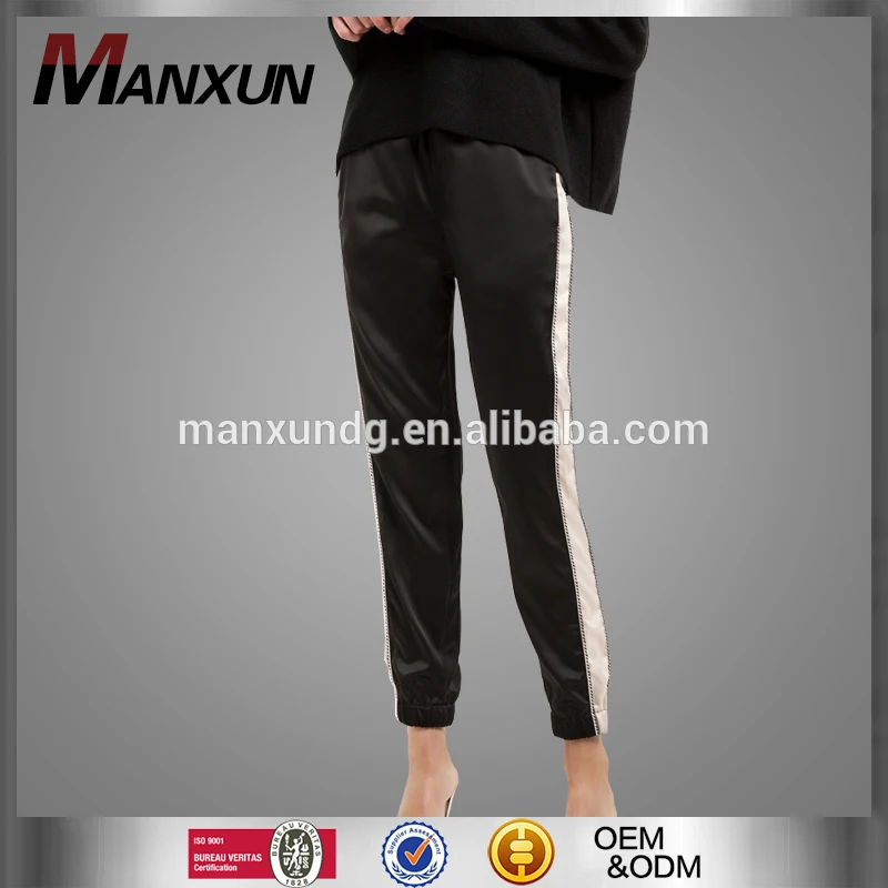 Black Elastie Waist Sweat Pants Grey Silver Side Stripe Harem Pants Casual Gathered Hem Cuff Track Pants For Women