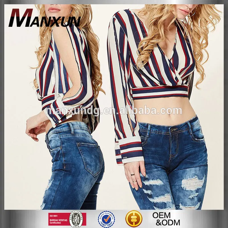 High Waist Style Striped Wrap Blouse 2017 New Wholesale V Neck Tops Stripe Wrap Front Slit Sleeve Blouses