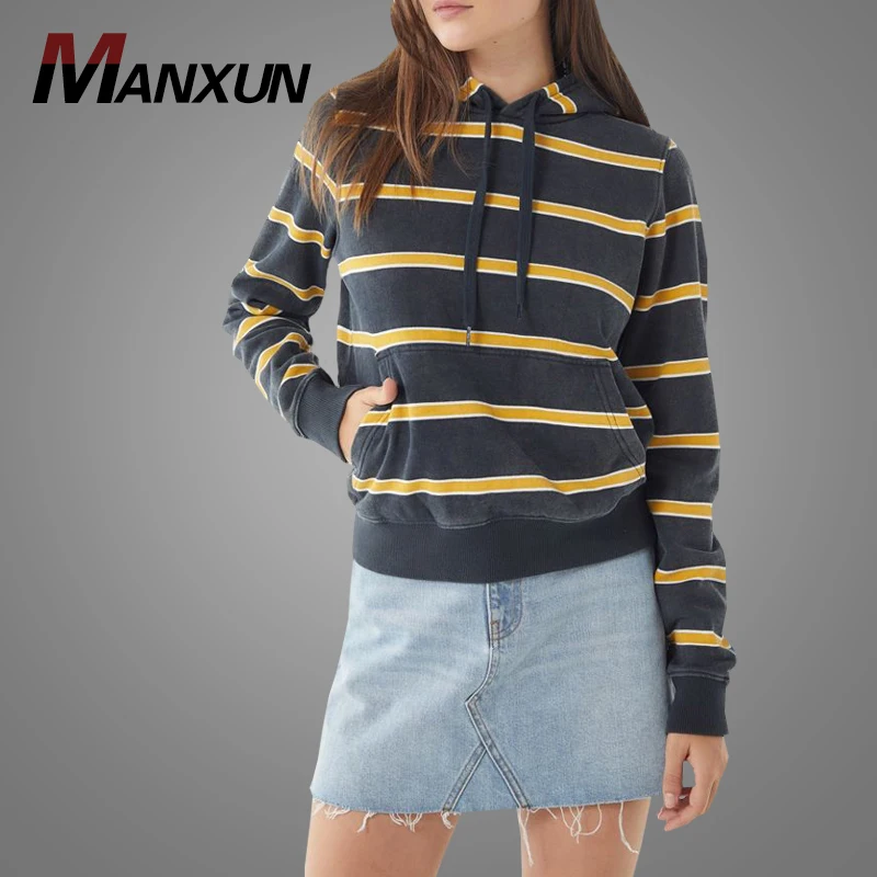 Dongguan Factory Custom Women 100% Cotton Blank Pullover Hoodies New Model Streetwear Striped Hoodies Sweatshirt