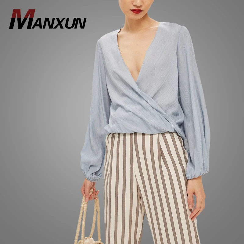Top Fashion Long Sleeve Satin Ladies Blouse Casual Drop V Neck Silk Women Blouse