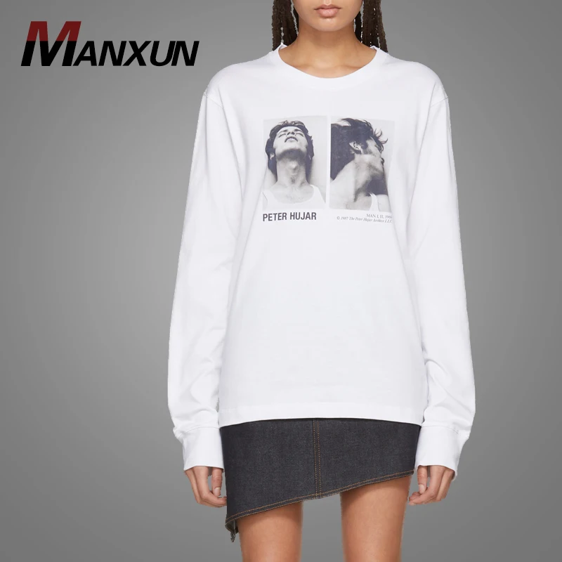 Latest Long Sleeve Cotton Jersey Girl T-Shirt White Rib Knit Crewneck Collar Women TShirt