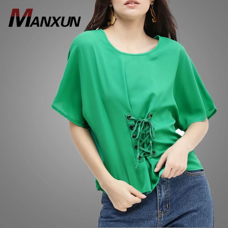 High Quality Eyelet Lace Up T Shirt Blouse Green 100% Cotton Plain Women T Shirt
