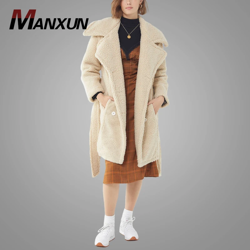 Newest Design Beige Teddy Fur Lady Long Coat with Belt Fashion Thick Warm Sherpa Winter Coat Women