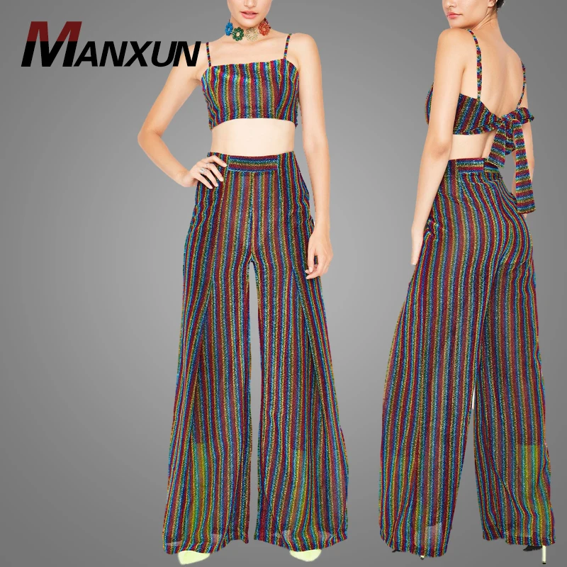 New Fashion Bra And Rainbow High Rise Pants Wide Leg Sets Ladies Pants Suits Summer 2018